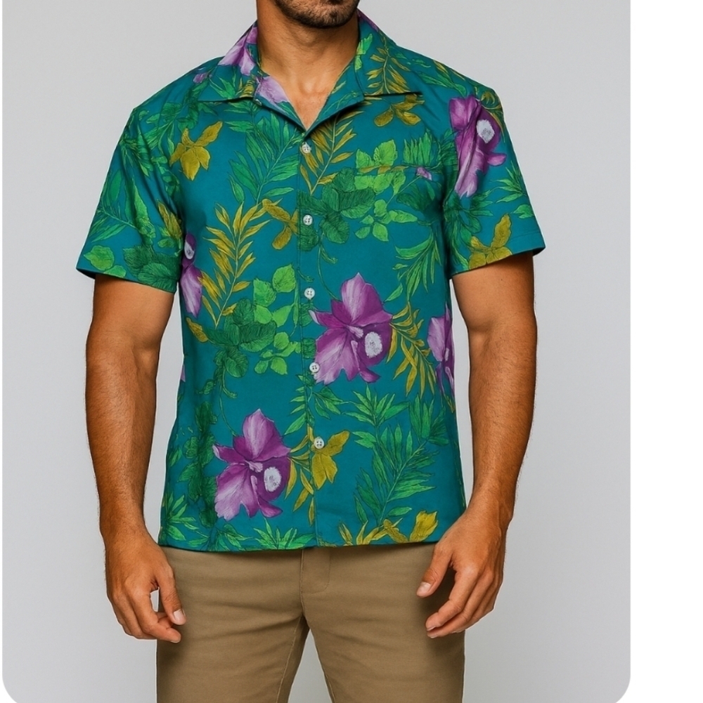 Hilo Hattie Hawaiian Shirt Men's Large L  Teal Floral Aloha Button-Up Vintage